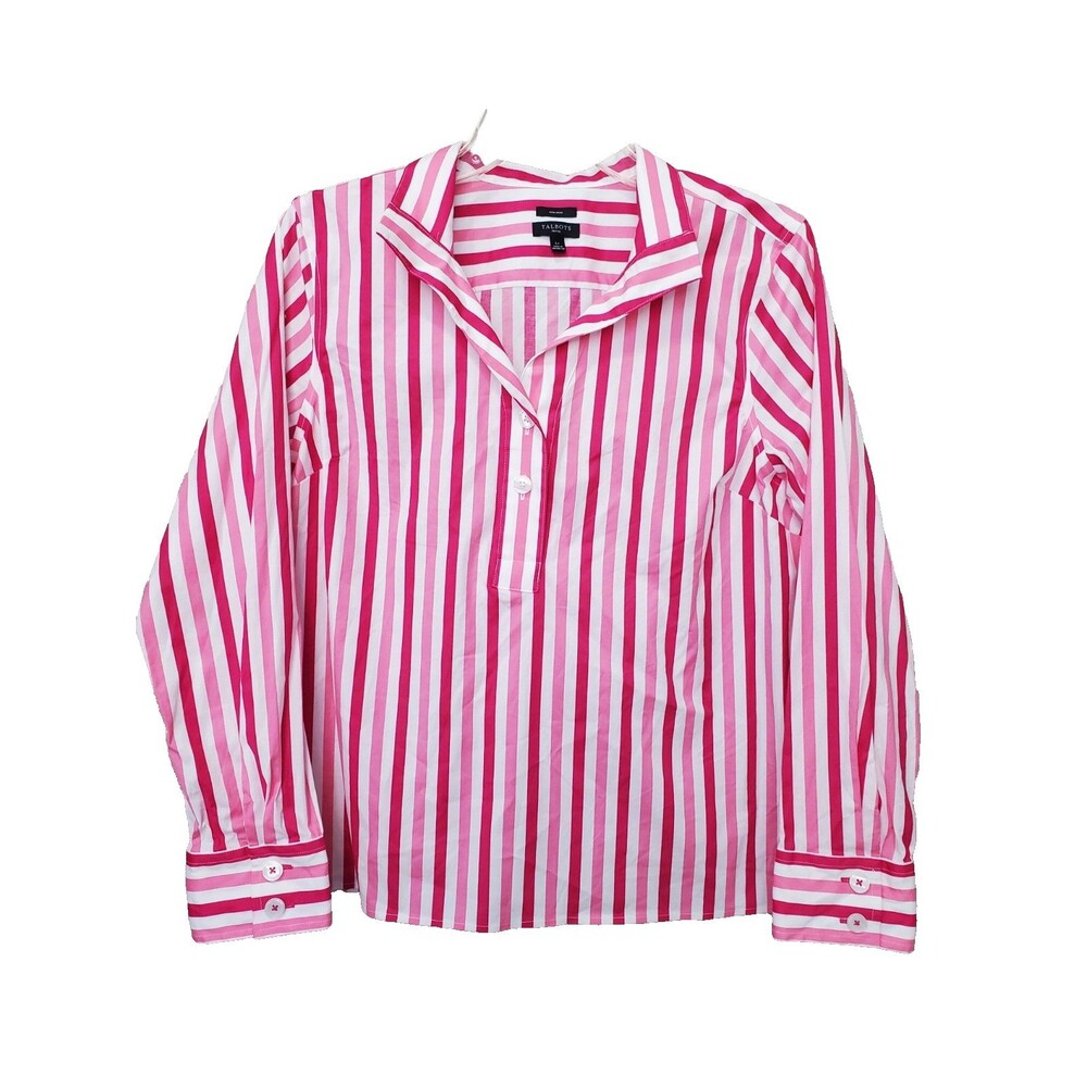 Talbots Petite Non-Iron Cotton Blend Red/Pink Striped Henley Popover Top Size LP